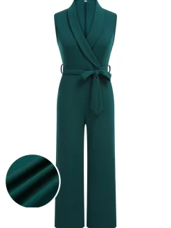 Discount Retro Stage 1930s Solid Sleeveless Lapel Jumpsuit Green