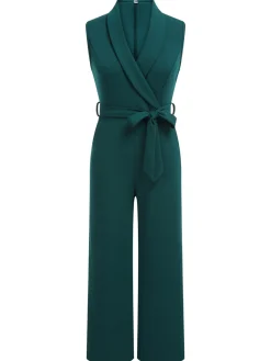 Discount Retro Stage 1930s Solid Sleeveless Lapel Jumpsuit Green