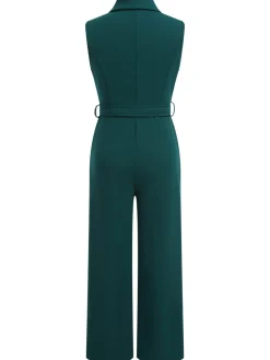 Discount Retro Stage 1930s Solid Sleeveless Lapel Jumpsuit Green
