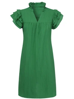 Clearance Retro Stage 1970s Solid Stand Collar Flounce Sleeve Dress Green