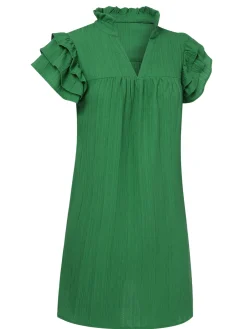 Clearance Retro Stage 1970s Solid Stand Collar Flounce Sleeve Dress Green