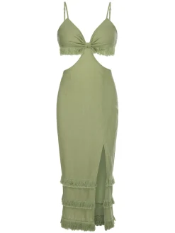 Fashion Retro Stage 1960s Solid Tassel Hem Suspender Dress Green
