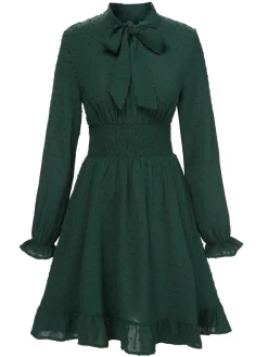 Sale Retro Stage 1940s Solid Textured Bow Collar Dress Green