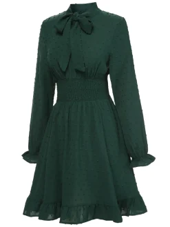 Sale Retro Stage 1940s Solid Textured Bow Collar Dress Green