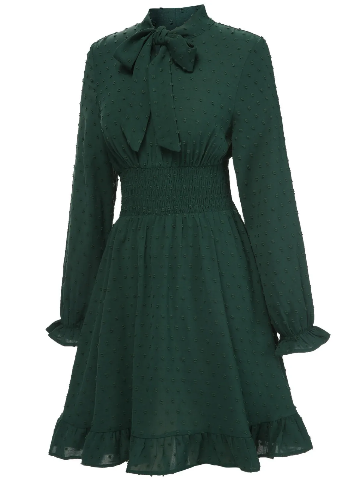 Sale Retro Stage 1940s Solid Textured Bow Collar Dress Green
