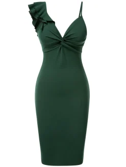 Online Retro Stage Green 1960s Solid Twist Belted Pencil Dress Lake Green