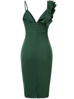 Online Retro Stage Green 1960s Solid Twist Belted Pencil Dress Lake Green