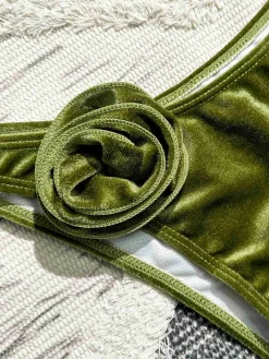 Sale Retro Stage 1960s Solid Velvet 3D Rose Bikini Set Green