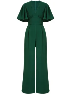 New Retro Stage 1930s Solid V-Neck Jumpsuit Green