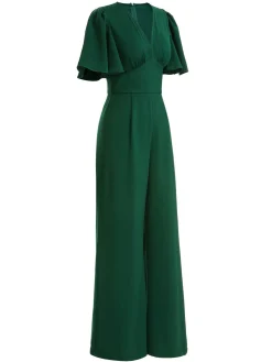 New Retro Stage 1930s Solid V-Neck Jumpsuit Green