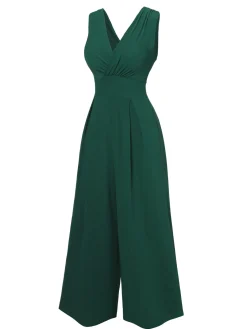 Hot Retro Stage Green 1940s Solid V-Neck Wide-Leg Jumpsuit Military Green