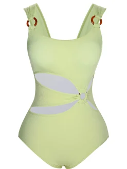 Fashion Retro Stage 1950s Solid Waist Cutout Ring Swimsuit Green