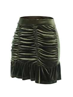 New Retro Stage 1960s Solid Wrinkles Velvet Skirt Green