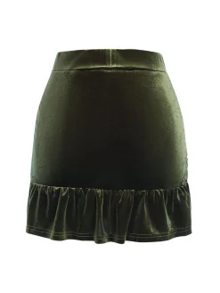 New Retro Stage 1960s Solid Wrinkles Velvet Skirt Green