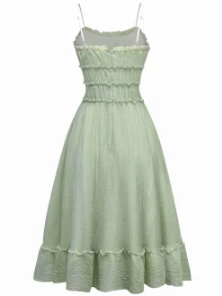 Sale Retro Stage 1940s Spaghetti Strap Bow-tied Dress Green