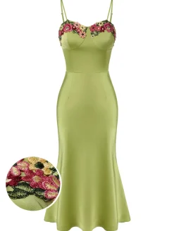 Hot Retro Stage 1960s Spaghetti Strap 3D Floral Dress Green