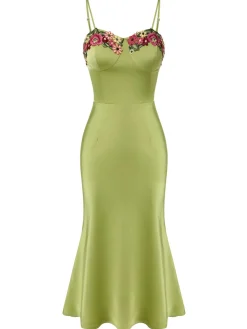 Hot Retro Stage 1960s Spaghetti Strap 3D Floral Dress Green