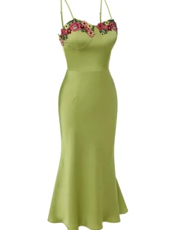 Hot Retro Stage 1960s Spaghetti Strap 3D Floral Dress Green