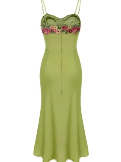 Hot Retro Stage 1960s Spaghetti Strap 3D Floral Dress Green