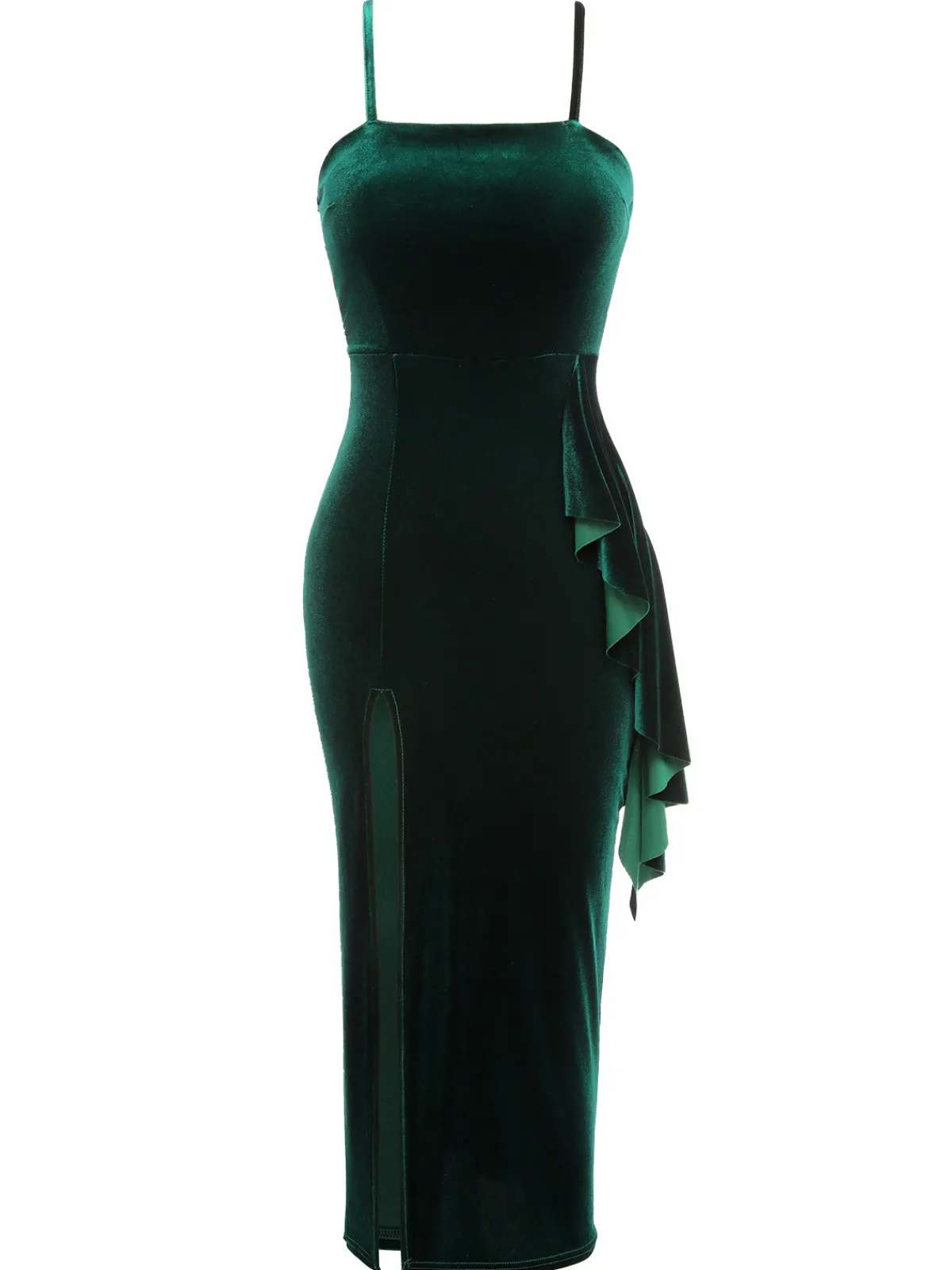 Discount Retro Stage 1930s Spaghetti Strap Velvet Slit Dress Green