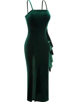 Discount Retro Stage 1930s Spaghetti Strap Velvet Slit Dress Green
