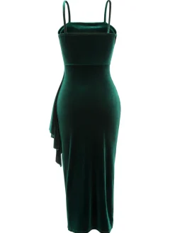 Discount Retro Stage 1930s Spaghetti Strap Velvet Slit Dress Green