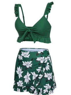 Online Retro Stage 1960s Strap Floral Ruffles Swimsuit Green