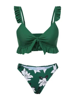 Online Retro Stage 1960s Strap Floral Ruffles Swimsuit Green