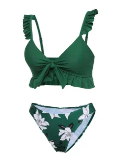 Online Retro Stage 1960s Strap Floral Ruffles Swimsuit Green