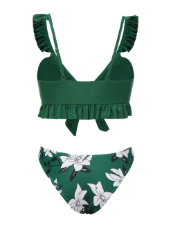 Online Retro Stage 1960s Strap Floral Ruffles Swimsuit Green