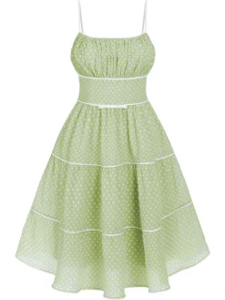 Fashion Retro Stage Green 1950s Strap Polka Dot Swing Dress