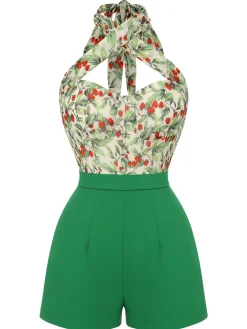 Sale Retro Stage 1950s Strawberry Halter Romper Green