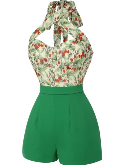 Sale Retro Stage 1950s Strawberry Halter Romper Green
