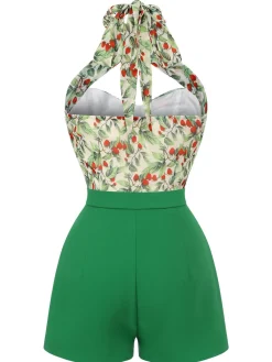 Sale Retro Stage 1950s Strawberry Halter Romper Green