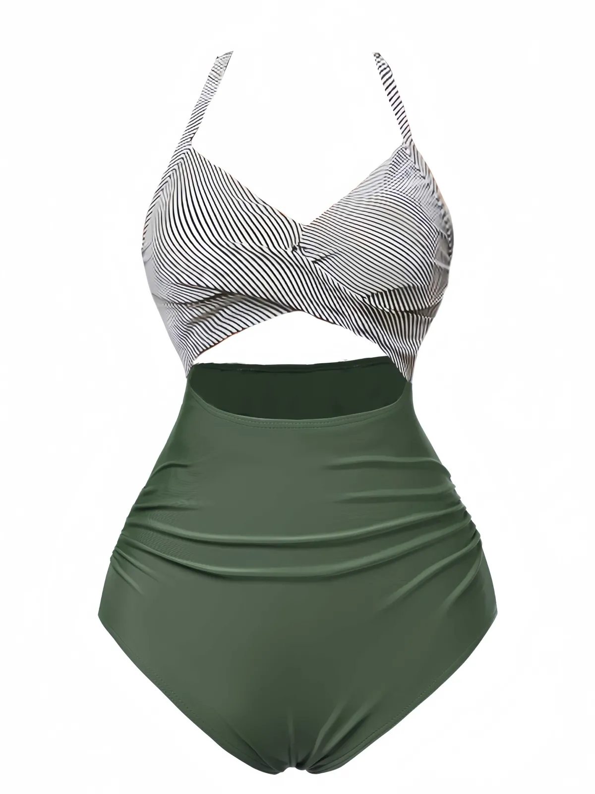 Best Retro Stage Green 1940s Stripe Patchwork Hollow One-Piece Swimsuit