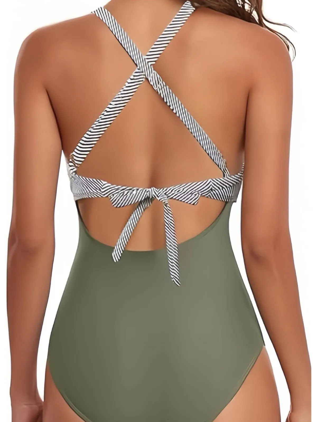 Best Retro Stage Green 1940s Stripe Patchwork Hollow One-Piece Swimsuit
