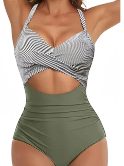 Best Retro Stage Green 1940s Stripe Patchwork Hollow One-Piece Swimsuit
