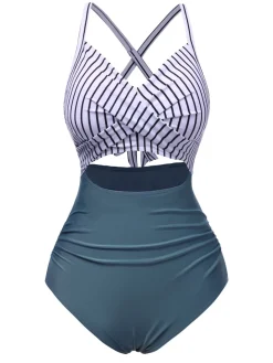 Best Retro Stage Green 1940s Stripe Patchwork Hollow One-Piece Swimsuit