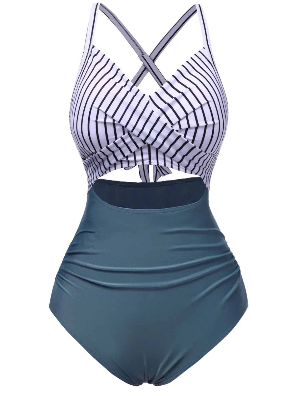 Best Retro Stage Green 1940s Stripe Patchwork Hollow One-Piece Swimsuit