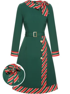 New Retro Stage 1940s Stripe Patchwork Dress With Belt Green