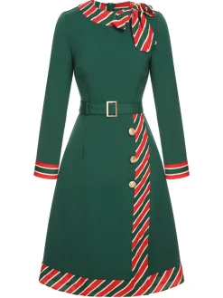 New Retro Stage 1940s Stripe Patchwork Dress With Belt Green