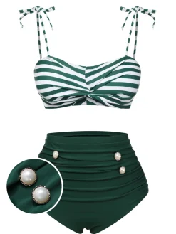 Best Retro Stage 1960s Stripe Shoulder Straps Swimsuit Green