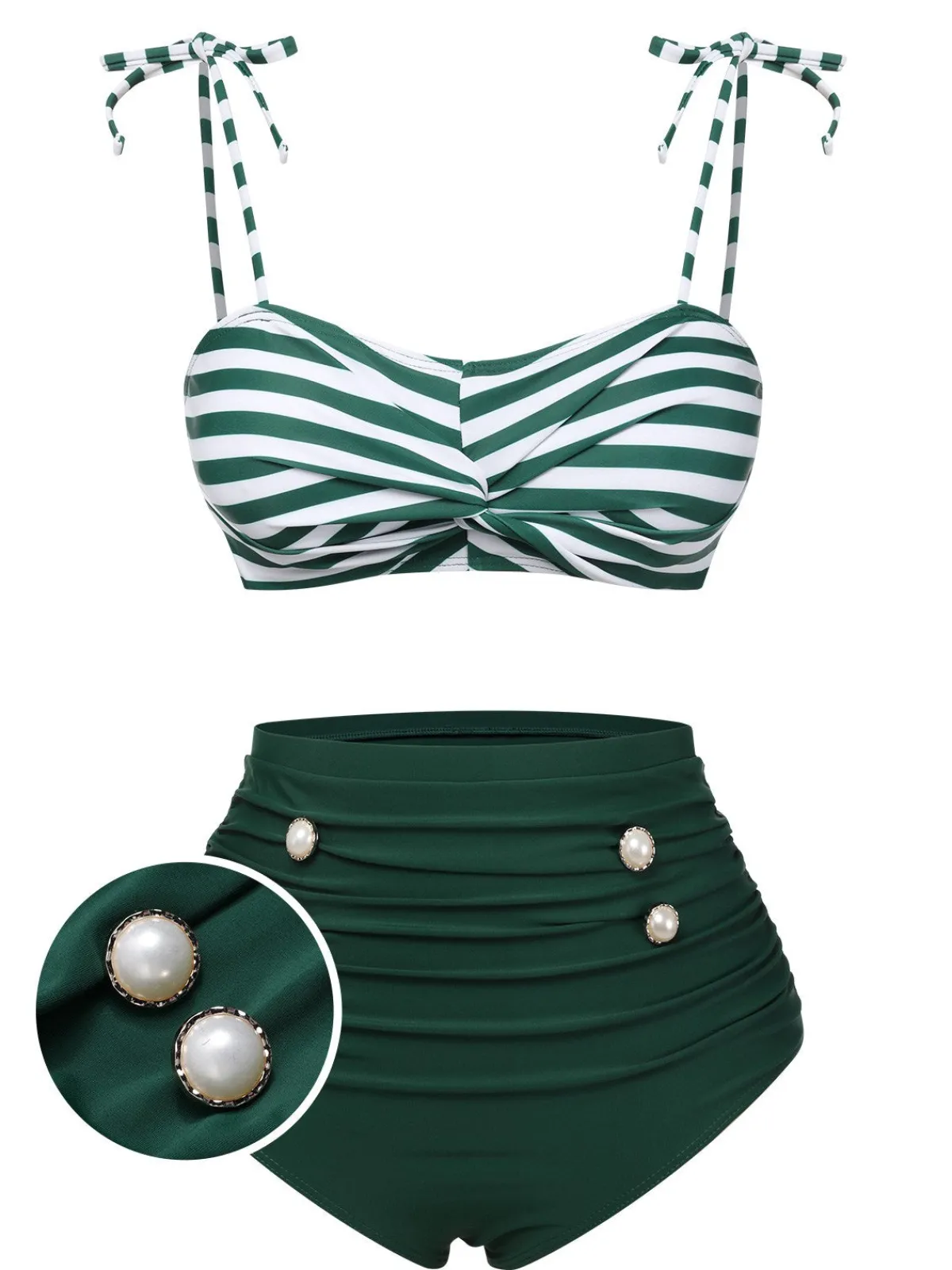 Best Retro Stage 1960s Stripe Shoulder Straps Swimsuit Green
