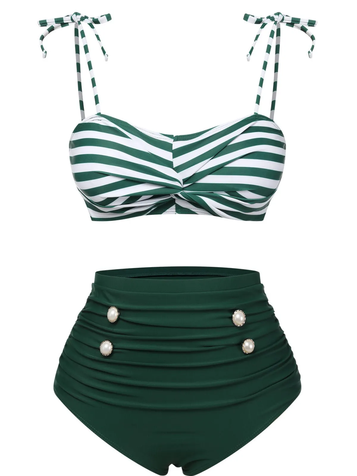Best Retro Stage 1960s Stripe Shoulder Straps Swimsuit Green