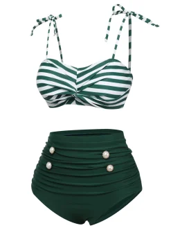 Best Retro Stage 1960s Stripe Shoulder Straps Swimsuit Green