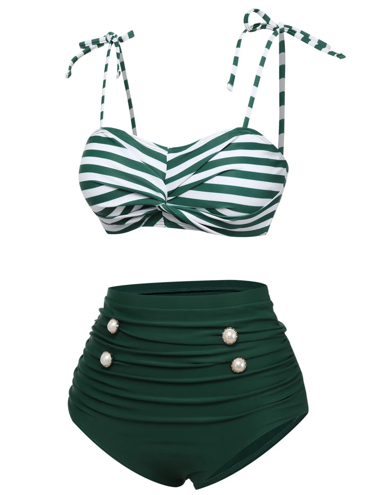 Best Retro Stage 1960s Stripe Shoulder Straps Swimsuit Green