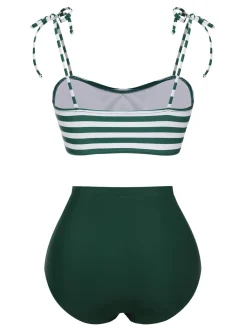 Best Retro Stage 1960s Stripe Shoulder Straps Swimsuit Green