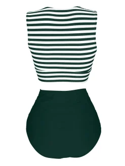 Clearance Retro Stage Green 1970s Striped Waist Tie Patchwork Swimsuit