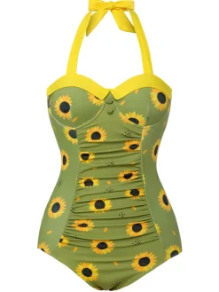Clearance Retro Stage 1930s Sunflowers Halter Swimsuit Green