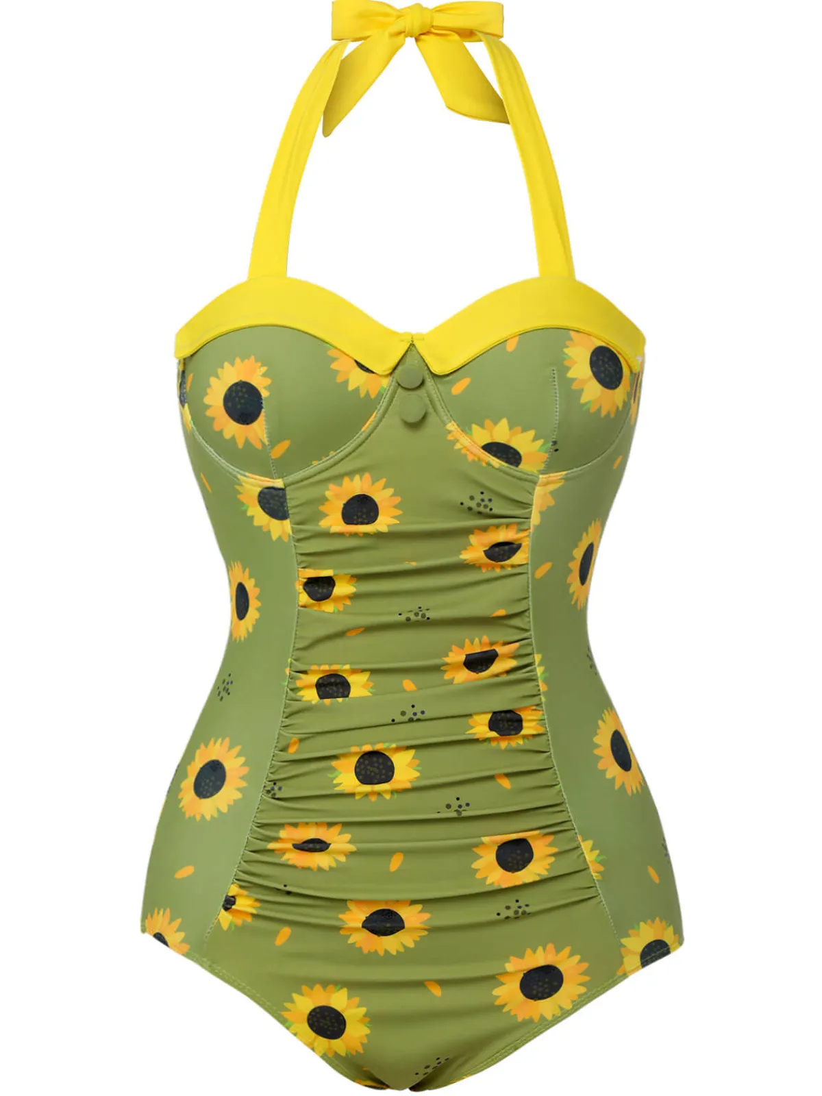 Clearance Retro Stage 1930s Sunflowers Halter Swimsuit Green